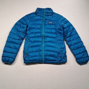 Patagonia Youth Large Down Sweater Puffer Jacket Blue Teal Full Zip Insulated